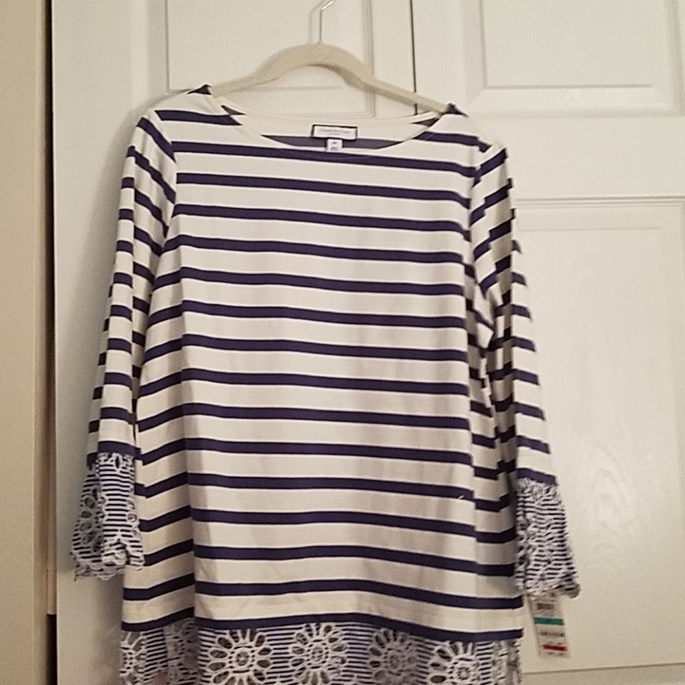 Blue striped lace trim shirt